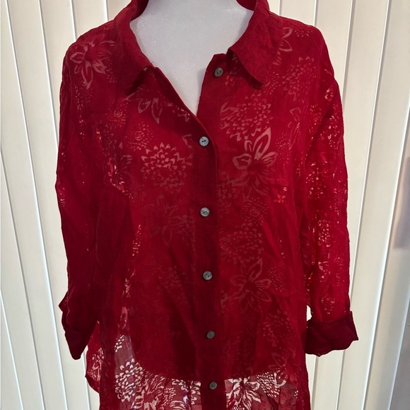 Coldwater Creek Red Sheer Floral Button Down Shirt - Picture 1 of 5